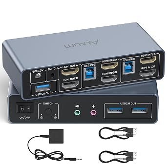 Alxum 2 Port HDMI KVM Switch with Audio and Microphone Ports-2 Monitors Share 2 PC,Dual Mode Switching Support Copy or Extended Mode 4K@60Hz 3 USB A 5Gbps,Includes Desktop Controller, 2 USB Cables