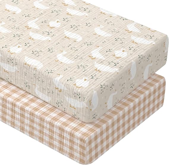 Breling 2 Pcs Muslin Silly Goose and Khaki Gingham Crib Sheets, 52"X 28"