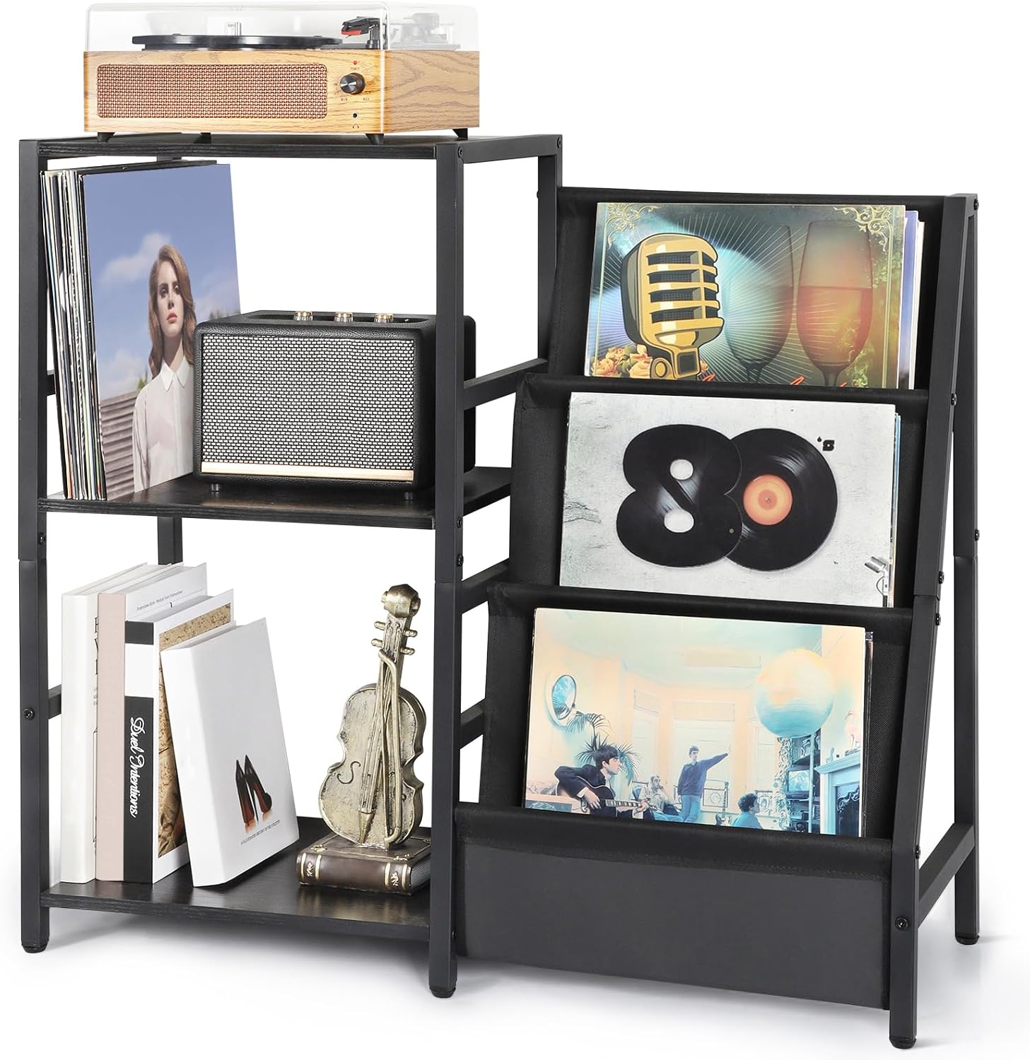 Bikoney Record Player Stand with 3-Tier Vinyl Storage – Turntable Table Holds Up to 200 Albums, Vinyl Record Cabinet for Living Room, Retro Side Table & LP Holder Furniture Unit Black