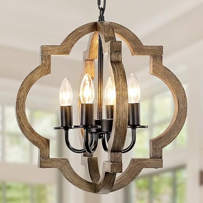 Farmhouse Orb Chandelier, 4-Light Rustic Wood Chandelier for Dining Room, 15.74 Pendant Light for Kitchen Island Hallway Foyer Entryway Bedroom