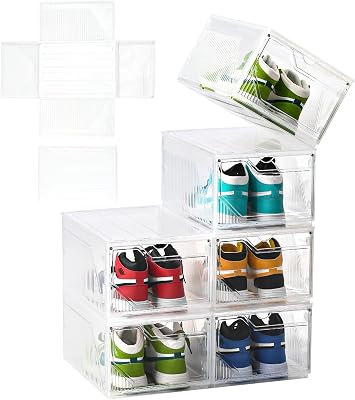 Large Shoe Boxes Clear Plastic Stackable,Drop Front Shoe Box with Clear Door, Shoe Containers For Sneaker Display,Fit up to US Size12 white clear-Conjoined structure, 6 pack