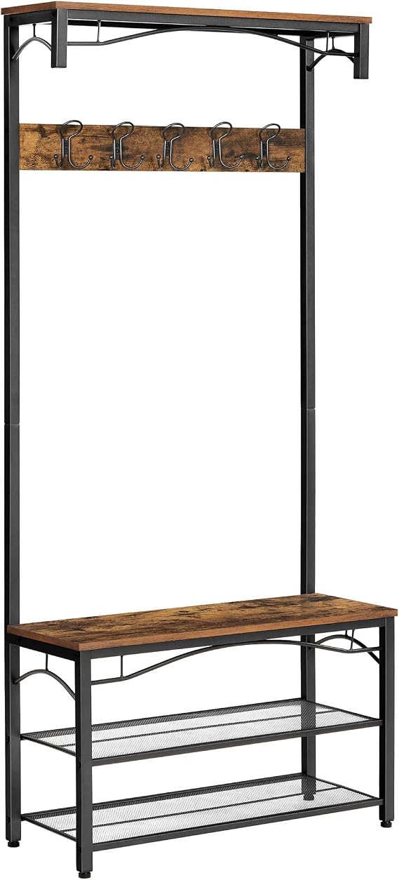 VASAGLE Coat Rack, Hallway Cabinet, with Top Board, Shoe Rack, Bench and 5 Double Hooks, Metal Frame, 80 x 32 x 178.8 cm, Industrial Style, Rustic Brown and Black HSR45BX