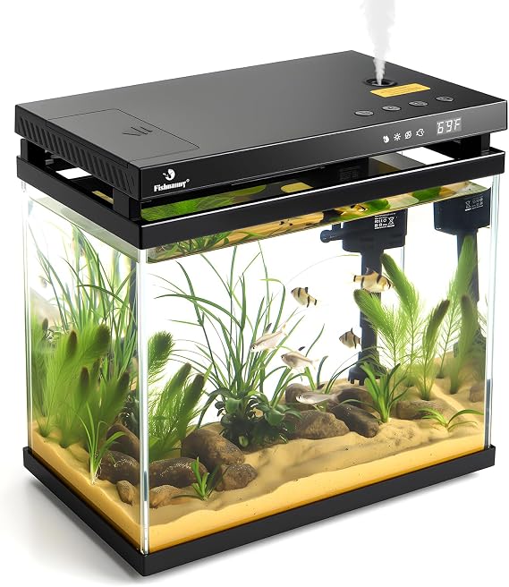 9L Smart Mini Fish Tank Aquarium - HD Glass Fish Tank Kits with Auto Feeder, Self-Cleaning Silent Filter Pump, Aromatherapy, Temperature Display & 7-Color Lights for Desktop, Office, Room