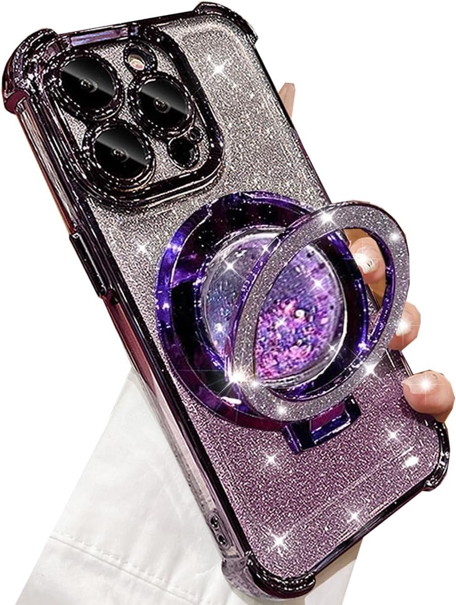 for iPhone 15 Pro Max Glitter Liquid Stand Case, Cute Luxury Bling Sparkle with Camera Protector Flowing Ring Kickstand Plating Bumper Shockproof Women Girls Case for iPhone 15 Pro Max,Purple