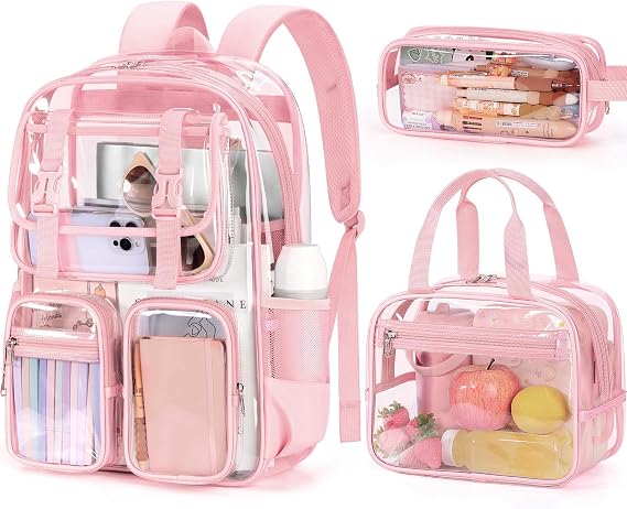 Fimibuke Clear Backpack for Girls - 3 PCS Heavy Duty Kids Clear Bags Pink
