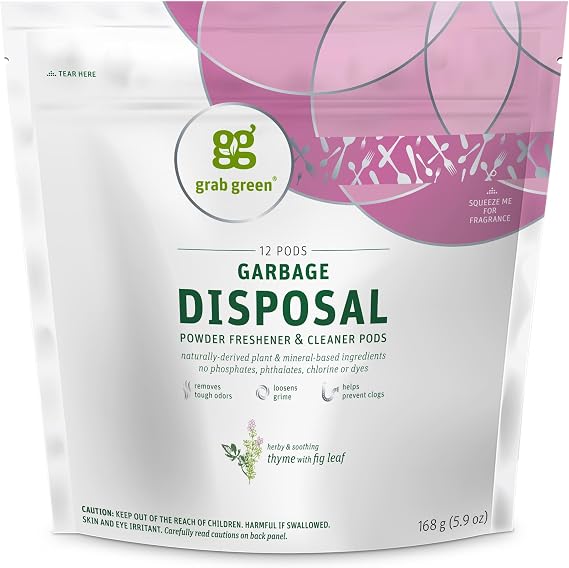 Grab Green Garbage Disposal Cleaner, 12 Pods, Thyme + Fig Leaf | Freshens garbage disposals; Plant & Mineral-Based; Removes Odors; Loosens Grime; Helps prevent clogs