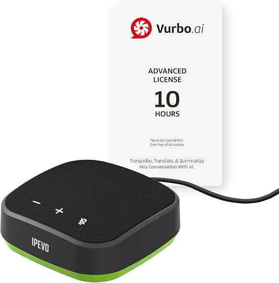IPEVO VC-A10 Speakerphone + Vurbo.ai Adv-10Hr Software, AI Real-Time Transcription, Translation, Meeting Minutes, Note-Taking, Support 93 Languages, Meetings, Learning, One-on-One Interviews, Portable