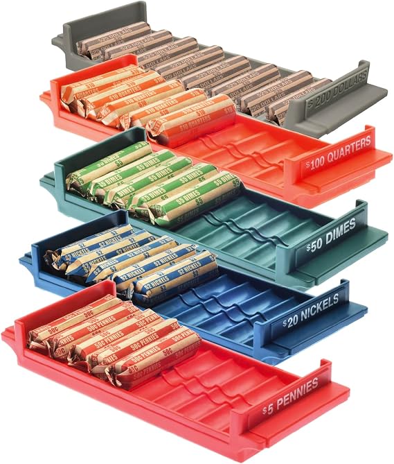 Nadex Rolled Coin Storage Organizer 5 Tray Set with Ridges for Loose Coins | Dollar, Quarters, Dimes, Nickles, and Penny Color Coded Trays