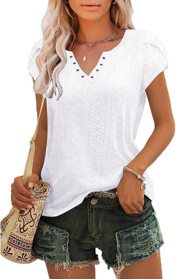 Tanmolo Women's Summer T-Shirt with Broderie V-Neck & Tulip Sleeves