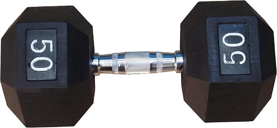 TDS Thick Rubber Coated Hex Dumbells 50 lb. with Chrome plated Contour shaped solid Steel handle.