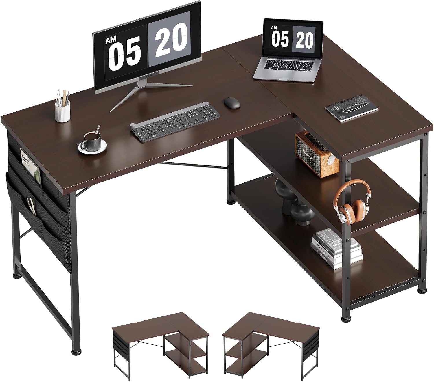 YeTom Desk L Shape Desk Table PC Desk Right Shelf Left Shelf Width 107cm Study Desk Table Work Desk Learning Desk with Storage Bag Dark Brown