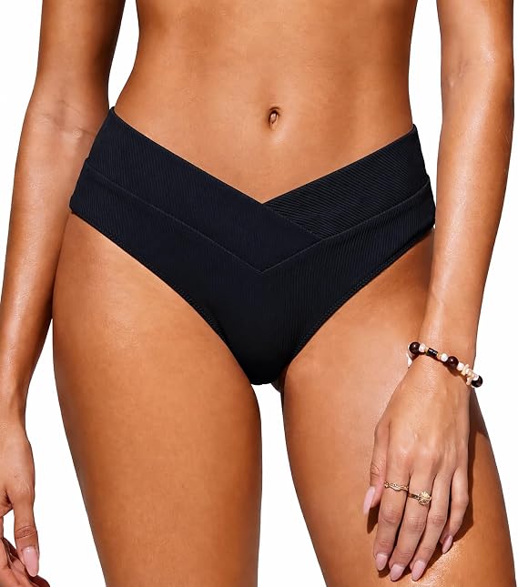 Leoparts Women's V Cut High Waisted Bikini Bottom Ribbed High Cut Cheeky Swimsuit Bathing Suit Bottoms