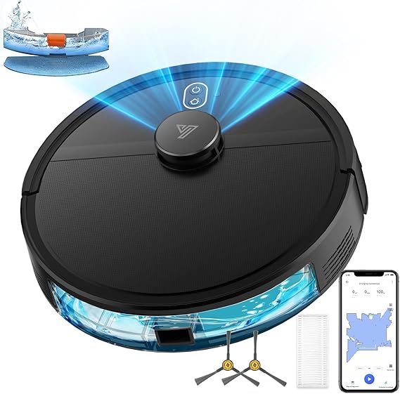 Robot Vacuum and Mop Combo, Robotic Vacuums with LiDAR Navigation, Smart Mapping, Strong Suction, with WiFi/App/Alexa/Voice Control, Obstacle Avoidance, for Home, Wood/Hard Floors, Pet Hair Black