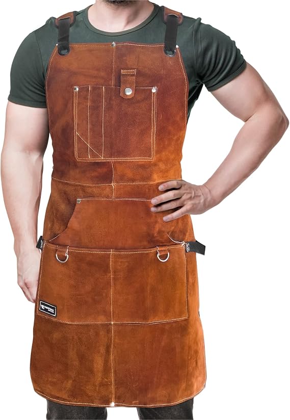 FIGHTECH Leather Welding Apron 11 Tool Pockets Heavy Duty - Wood Working Shop Apron Men Blacksmith Carpenter Adjustable M-XXL