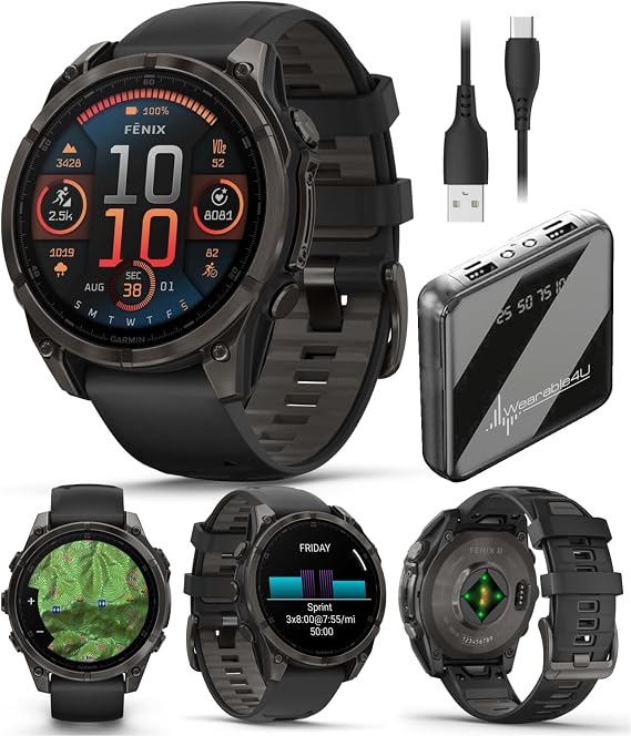 Garmin Fenix 8 47 mm, AMOLED Sapphire Multisport GPS Smartwatch,Carbon Gray DLC Titanium with Black/Pebble Gray Silicone, Built-in LED Flashlight Power Bank Bundle