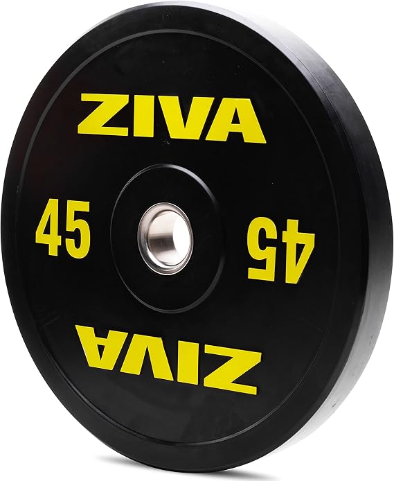 ZIVA Performance Rubber Bumper Weight Plate - One Piece 45 lbs. Strength Training Rubber Plate - Fits 2-Inch Olympic Bars - Stainless Steel Insert, Durable Virgin Rubber Coating - Low Bounce Design