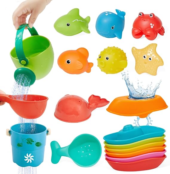 Baby Bath Toys for Kids Ages 1-3, 16PCS | Easy Clean Mold Free Bath Toys Toddlers 2-4 | Bathtub Pool Water Table Toys for Babies & Toddlers | Bath Boats Spoons Bucket Watering Can Tub Toy for Toddlers