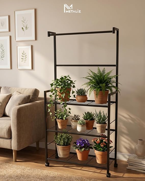 Tekerlekli Metal Saksı Standı ve Bitki Askılığı - 3 Raflı Portatif Çiçek Rafı Siyah
