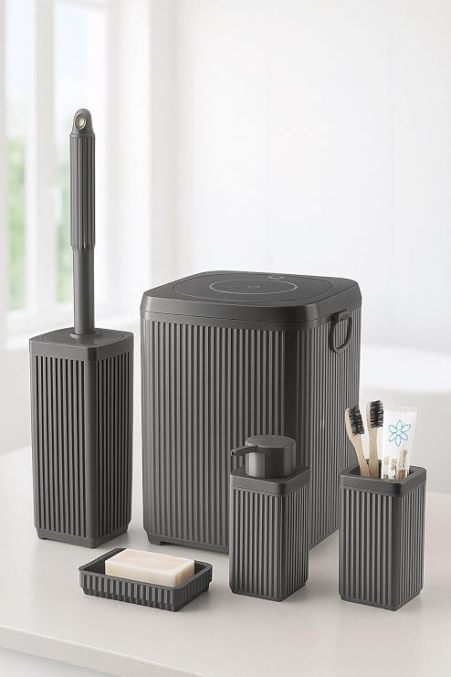 Sas Haus Lines Series Gray Bathroom Set, 5 Piece Acrylic Square 5 Liter Trash Can, Soap Dispenser, Brush Holder Set 3462 Grey