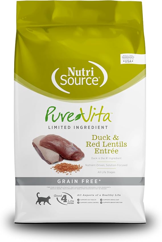 NutriSource Pure Vita Grain Free Cat Food, Duck and Red Lentils, 12LB