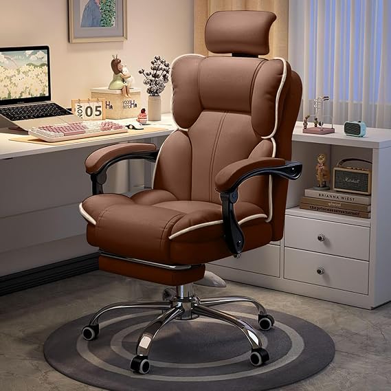 Office Chair with Headrest High Back Executive Desk Chairs with Leg Rest Ergomomic Lumbar Support Computer Gaming Chairs for Home Office(Brown)