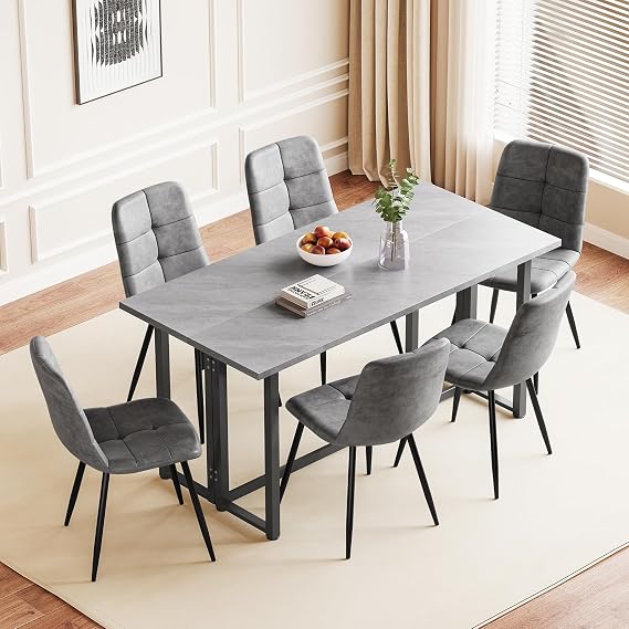 Extendable Dining Table and Chairs Set 6, Grey Folding Table with Upholstered 6 Grey Retro PU Leather Chairs for Dining Room,Kitchen