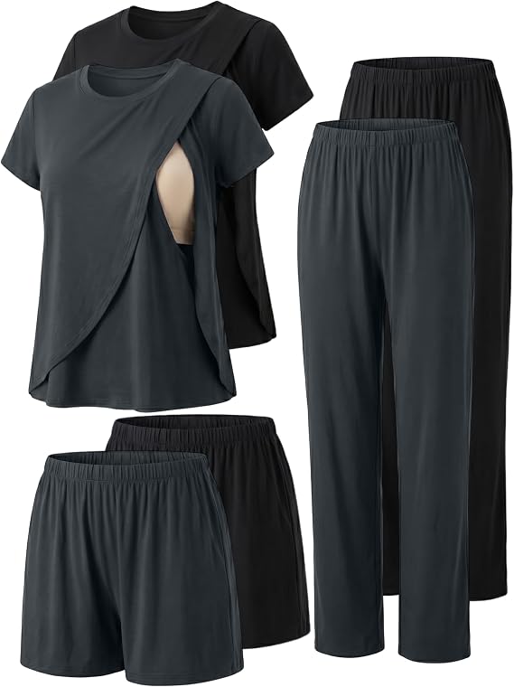 Winvote 6 PCS Maternity Pajamas Nursing 2 Set Postpartum Breastfeeding Short Sleeve Shirts, Pregnancy Shorts & Pants
