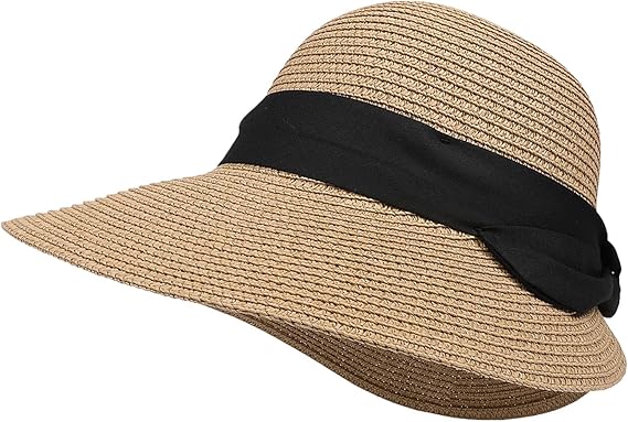 Womens Sun Hat, Summer Wide Brim Beach Sun Straw Hat Foldable Packable Floppy Straw Beach Hat Bucket Hat for Travel