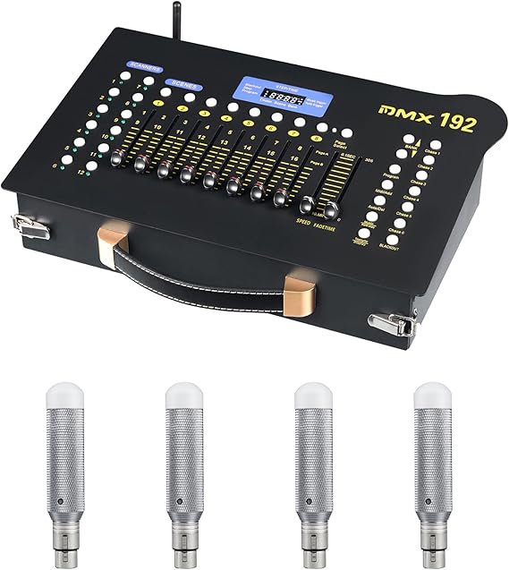 DMX512 Controller Stage DJ Light Console Lighting Mixer Board Console Wireless DMX Transmitter Receivers Set 192 Channels for Party DJ Disco Lights Show Night DJs KTV Bars Moving Heads