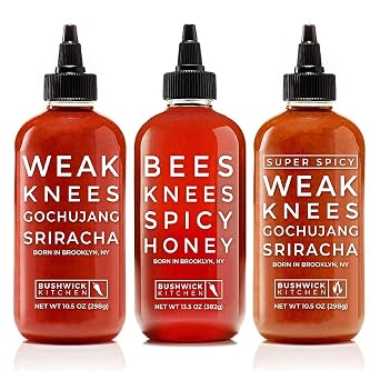 Spicy Trio Sampler, Set Includes Bees Knees Spicy Honey, Weak Knees Gochujang Sriracha, Weak Knees Super Spicy Gochujang Sriracha Hot Sauces