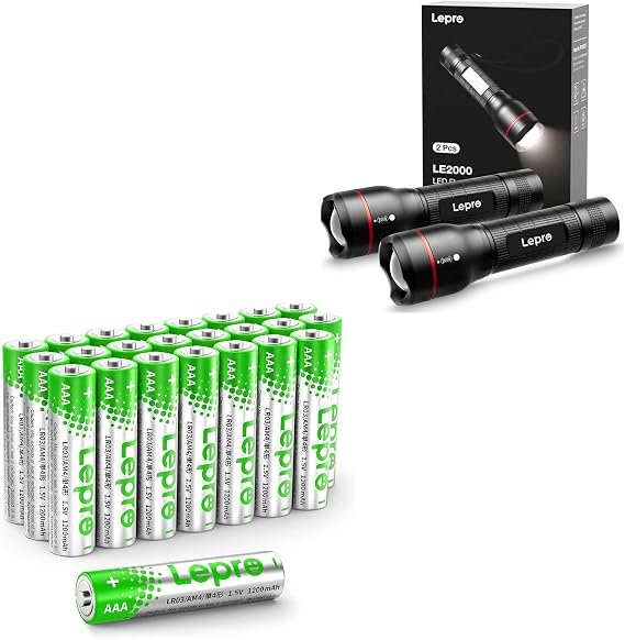 Lepro LED Flashlights LE2000 High Lumen & AAA Batteries 24 Pack