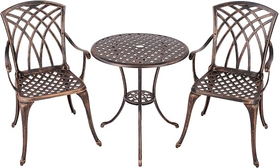 VONLUCE Bistro Table and Chairs Set 2, Aluminium Garden Furniture Set of Side Table and Chairs, Indoor Outdoor Furniture Set for Garden Deck Balcony Patio Decor, Bronze