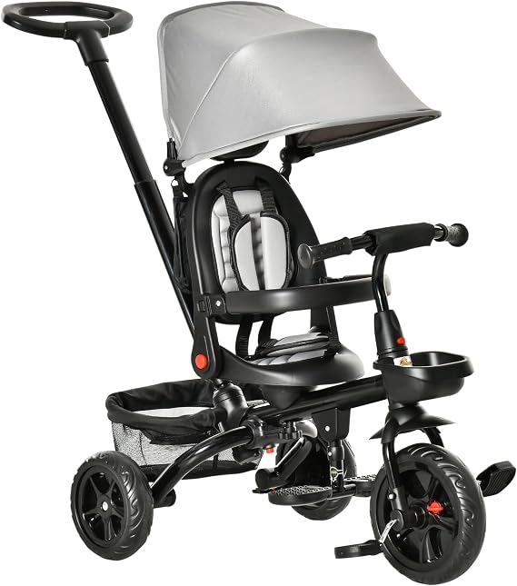 Qaba Kids Tricycle 5 in 1 Foldable Trike Reversible Seat 1-5 Years Gray