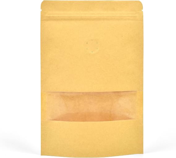 Kraft Coffee Stand Up Pouch with Degassing Valve | 50 Bags | 140x220x40mm Holds 250g Coffee Beans | One-Way Valve | Resealable Zip Lock | Kraft (Window)