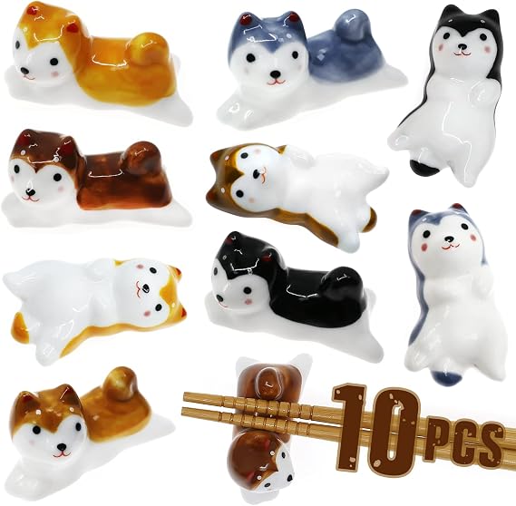 10 Ceramic Dog Chopstick Rest Set, Japanese Dining Utensil Tableware Holder | Glazed ceramic dog rests hold chopsticks, spoons or forks; 10 pieces in five colors and two poses add playful table detail
