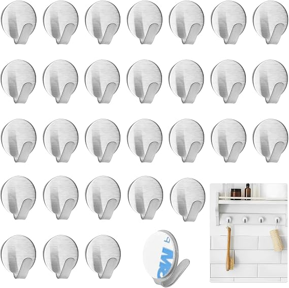 30pcs Self-Adhesive Stainless Steel Hooks, No Drilling Required, Small Sticky Hooks for Kitchen, Bathroom, Towels, Coats, Keys, Bathrobes (Silver)