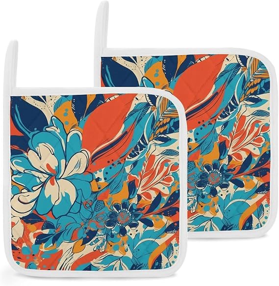 Pot Holders Set of 2 Heat Resistant Waterproof Hot Pads Colorful Graphic Design Kitchen Pot Holders for Microwave Cooking Baking Oven BBQ 8 X 8 Inch