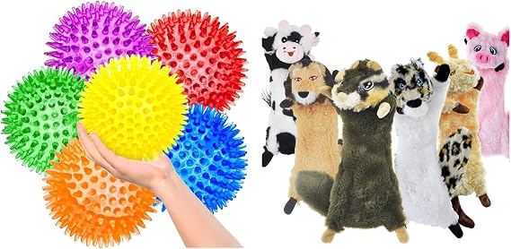 SHARLOVY Dog Squeaky Toys No Stuffing 6 Pack and Big Squeaky Balls, Fetch Balls for Dogs Rubber 6 Pack Bright Colors TPR