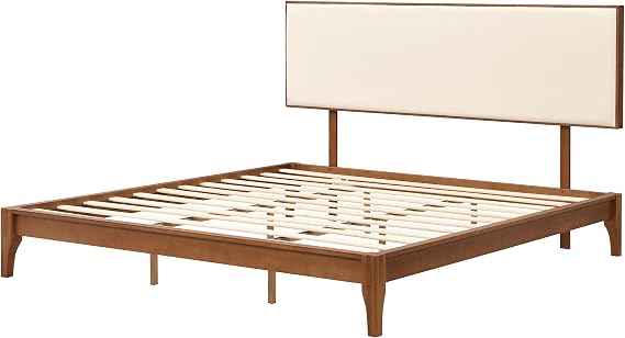 Wood Platform Bed with Upholstered Adjustable Headboard, 12 Inch Solid Dry Bamboo Bed Frame, with Wood Slat Support, No Box Spring Needed, Easy Assembly, King Size, Brown+Beige
