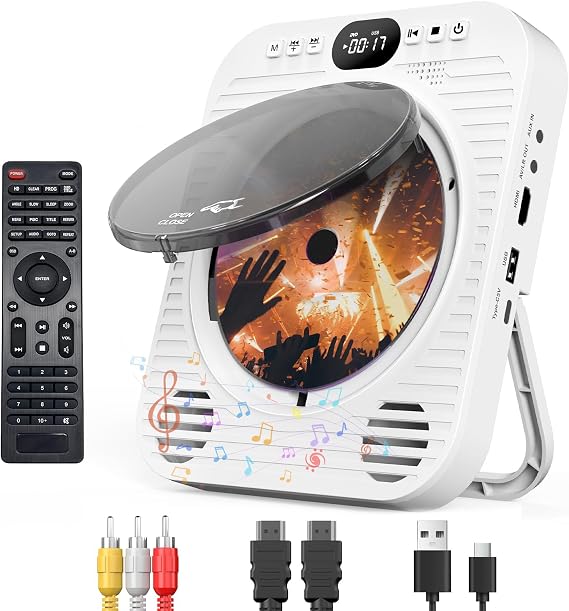 Mini CD DVD Player for TV - Portable Bluetooth CD DVD Player with HDMI & AV Cables, Built-in Speakers, USB/AUX Playback, 1080P Upscaling, Wall-Mountable Compact Desktop Player for Home
