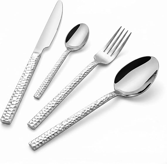 Tieplis 16 Piece Hammered Cutlery Set, 18/10 Stainless Steel Flatware Set for 4, Silverware Set with Knife Fork and Spoon, Heavy Duty, Mirror Polished & Dishwasher Safe for Home Restaurant
