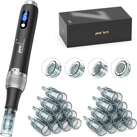 Dermapen M7S Microneedling Pen Black Kit with 20pcs Cartridges Needles | Wireless M7S Upgraded Set with Replacement Cartridges (8x16 pin, 4×24-pin, 4×36-pin and 4×R-Nano), 6 Speeds Adjustable