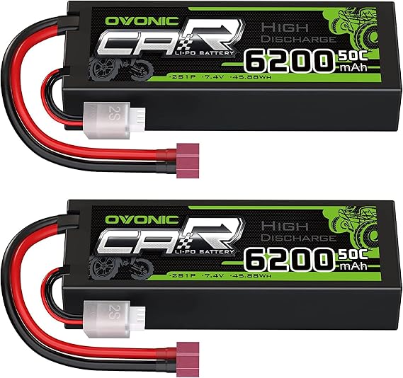 OVONIC 2S Lipo Battery 50C 6200mAh 7.4V Lipo Battery with Dean-Style T Connector for 1/8 1/10 RC Car Truck Boat Vehicles(2 Packs)