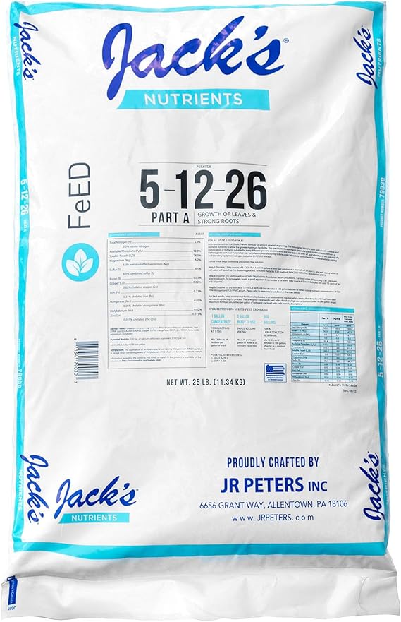 Jack's Nutrients 5-12-26 Part A Water-Soluble Fertilizer for Growth of Leaves and Strong Roots in Plants Grown in Continuous Liquid Feed Programs, 25lbs