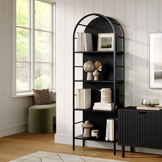 Stead 4-Tier Arched Wood Book Shelf - Black Metal Frame, Wood Panel Backing - Arched Bookcase with Backing, Narrow Black Bookshelf with Grain-Texture Laminate & 25 lb Shelf Capacity