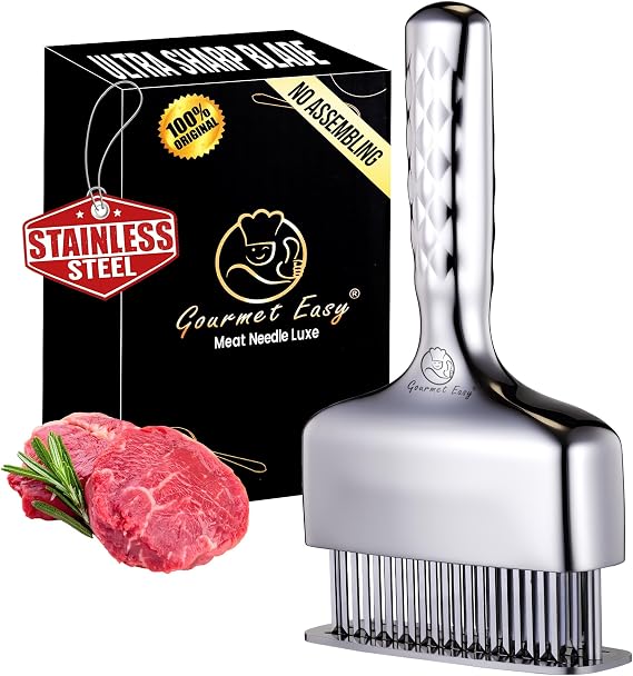 Gourmet Easy Meat Tenderizer Tool with 60 Sharp Blades & Non-slip Handle | Tenderizes Meats Quickly with No Assembly Needed, One-Piece Design Prevents Loose Parts, Dishwasher Safe,