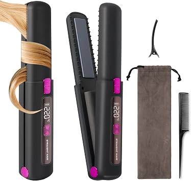 Cordless Hair Straightener, 2 in 1 Ceramic Flat Iron and Curler with Hairpin, 6 Levels of Temperature Adjustment, 4500mAh Battery, Type-C Charging, Portable Hair Straightener for Travel (Black)