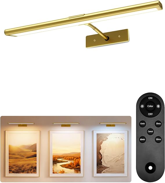 EZVALO Picture Light for Wall, 4800mAh Rechargeable Wireless Remote, 16 Dimmable Magnetic LED Art Display Light with 3 Color Temperatures, for Gallery, Living Room, Bedroom, Hallway (Gold)