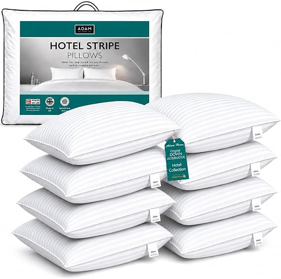 Adam Home Pillows 8 Pack Hotel Quality Side Sleeper Bounce Back Bed Pillow Quick Rebound & Dust Proof Resistant Premium Filled Hotel Pillows Pack of 8
