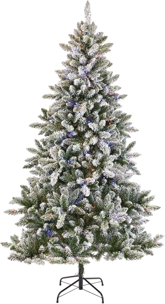 NOMA Cypress 7 Foot Pre-Lit LED Flocked Christmas Tree Holiday Decor with 350 Warm White and Multi-Color LED Lights